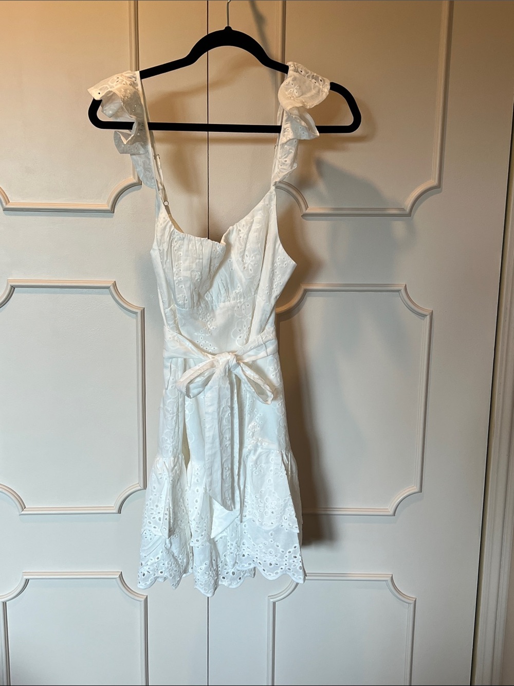White Eyelet Ruffle-Strap Tie-Waist Mini Dress